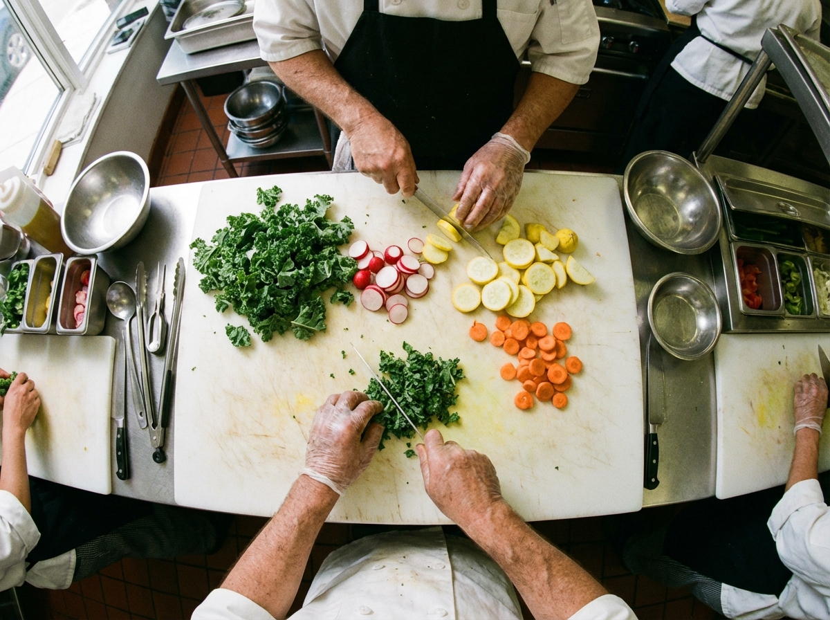 Chefs preparando ingredientes frescos en cocina profesional