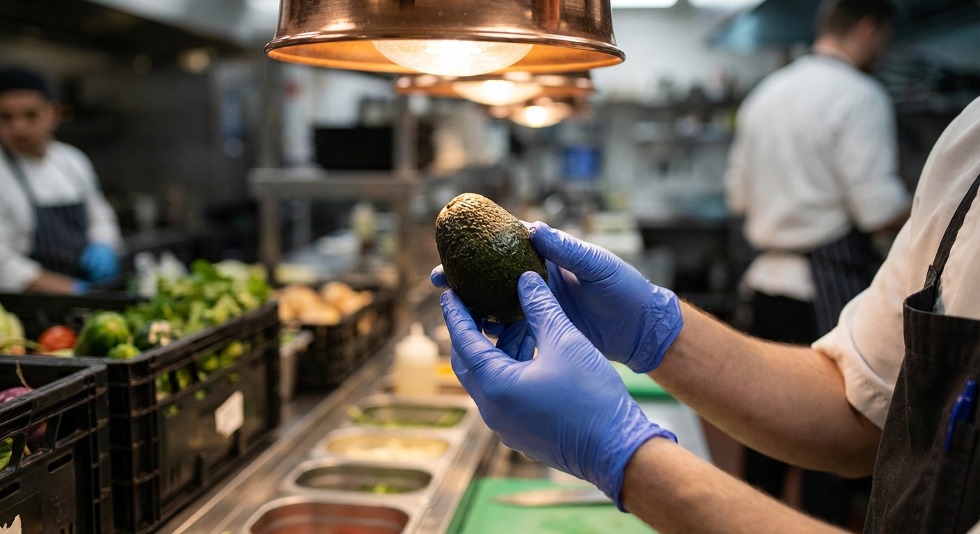 Chef revisando aguacate en cocina profesional